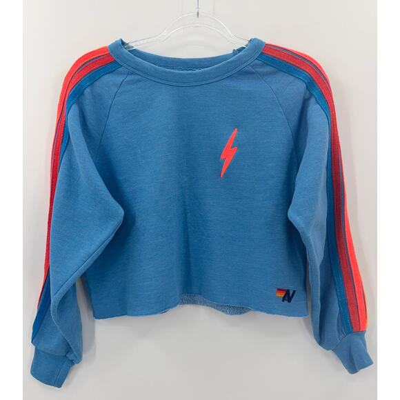 B54 Aviator Nation Cropped Sweatshirt Womens Small Rainbow Stripes Bolt Sky Neon - Picture 3 of 7